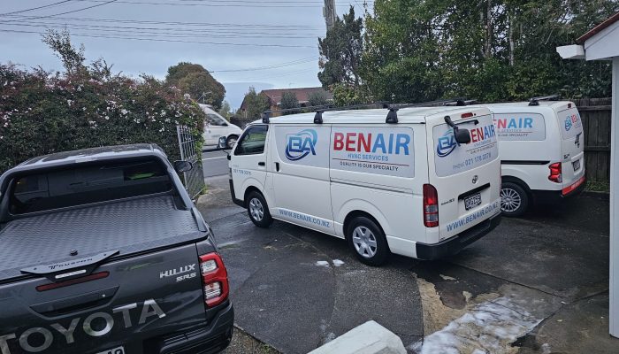 Ben Air HVAC service vehicles in Auckland, showcasing company logo, website, and contact number on vans.